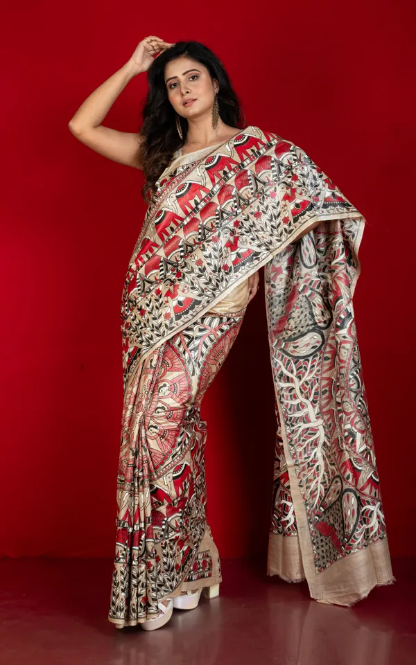 Hand_Painted_Madhubani_On_Premium_Quality_Soft_Tussar_Silk_Saree_Beige_Black_Red_And_Off_White