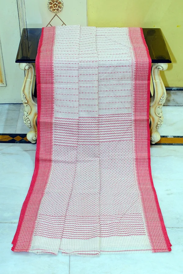 Premium_Quality_Bengal_Handloom_Self_Micro_Check_With_Polka_Dots_Soft_Cotton_Saree_In_Off_White_And_Red