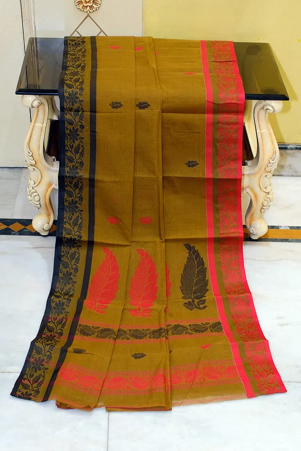 Bengal_Handloom_Cotton_Bomkai_Leaf_And_Floral_Nakshi_Work_Saree_In_Antique_Bronze_Black_And_Red