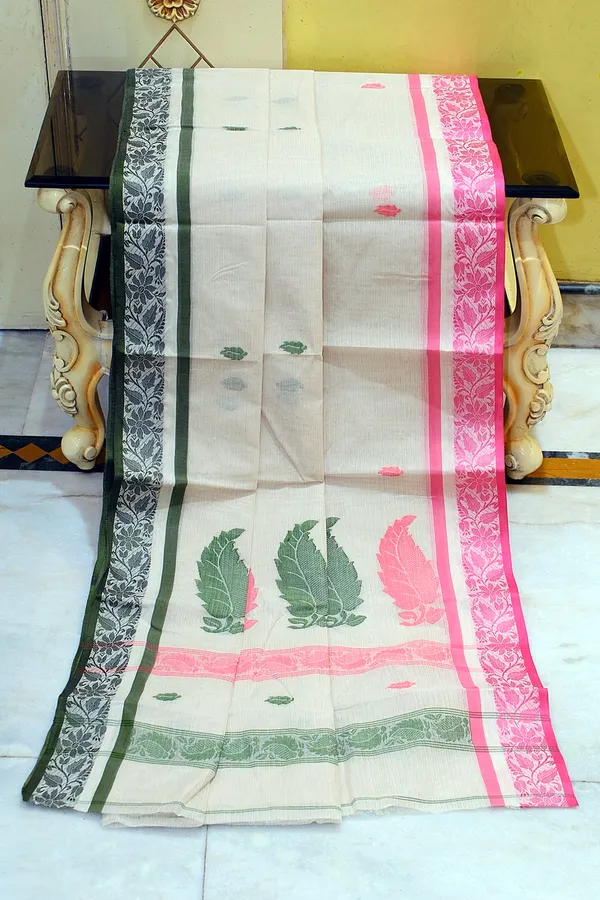 Bengal_Handloom_Cotton_Bomkai_Leaf_And_Floral_Nakshi_Work_Saree_In_Pearl_Bush_Dark_Green_And_Cranberry_Pink