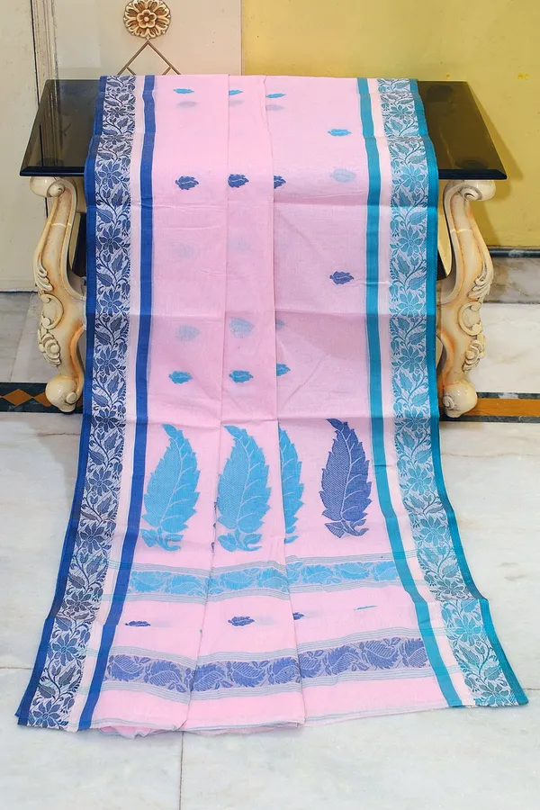Bengal_Handloom_Cotton_Bomkai_Leaf_And_Floral_Nakshi_Work_Saree_In_Pastel_Pink_Cloud_Burst_Blue_And_Picton_Blue