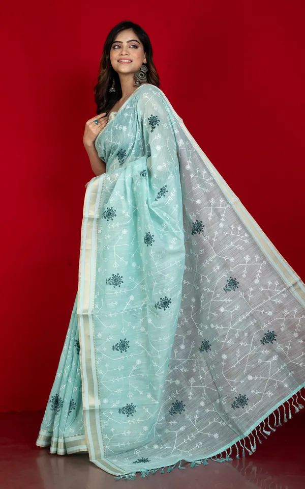 Machine_Embroidery_Work_Soft_Staple_Cotton_Saree_In_Coral_Blue_Off_White_And_Matte_Golden