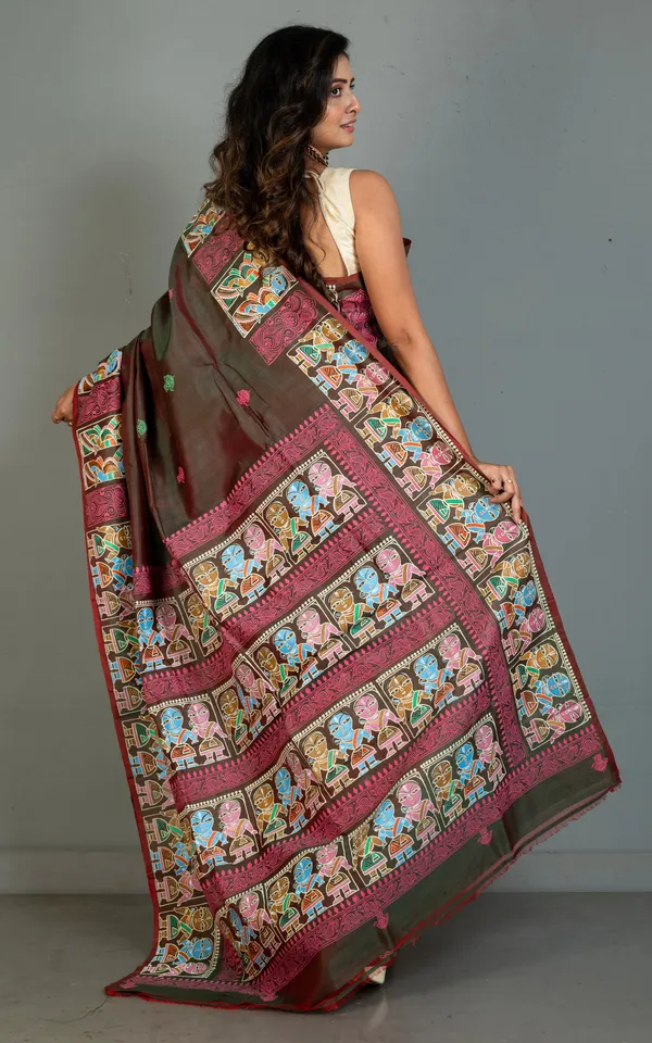 Patachitra_Hand_Painting_On_Soft_Bishnupuri_Katan_Silk_Saree_In_Tobacco_Brown_Off_White_And_Multicolor