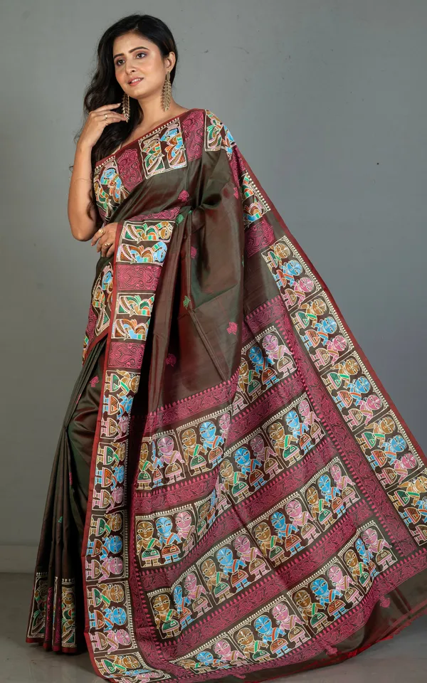 Patachitra_Hand_Painting_On_Soft_Bishnupuri_Katan_Silk_Saree_In_Tobacco_Brown_Off_White_And_Multicolor