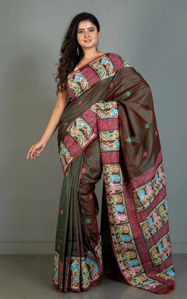 Patachitra_Hand_Painting_On_Soft_Bishnupuri_Katan_Silk_Saree_In_Tobacco_Brown_Off_White_And_Multicolor
