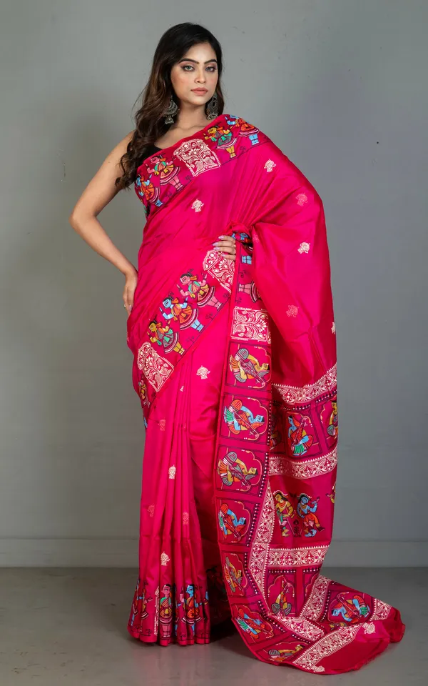 Patachitra_Hand_Painting_On_Soft_Bishnupuri_Katan_Silk_Saree_In_Raspberry_Off_White_And_Multicolor