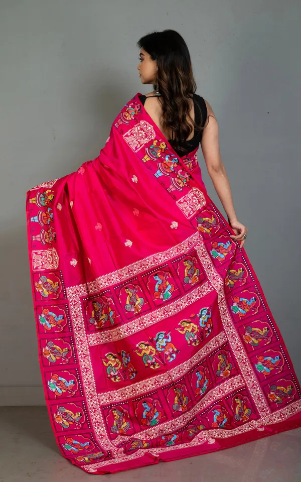 Patachitra_Hand_Painting_On_Soft_Bishnupuri_Katan_Silk_Saree_In_Raspberry_Off_White_And_Multicolor