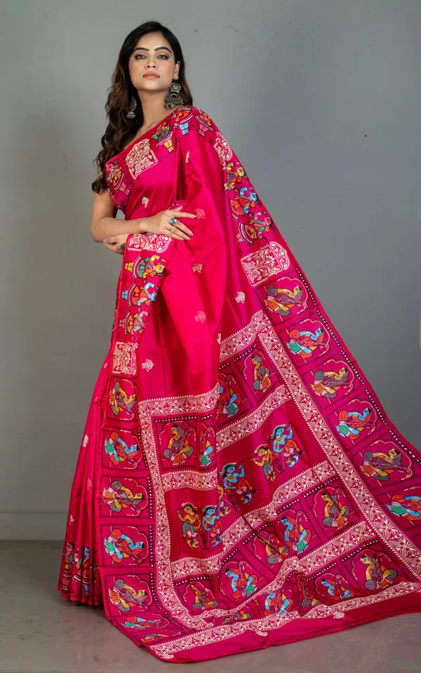 Patachitra_Hand_Painting_On_Soft_Bishnupuri_Katan_Silk_Saree_In_Raspberry_Off_White_And_Multicolor