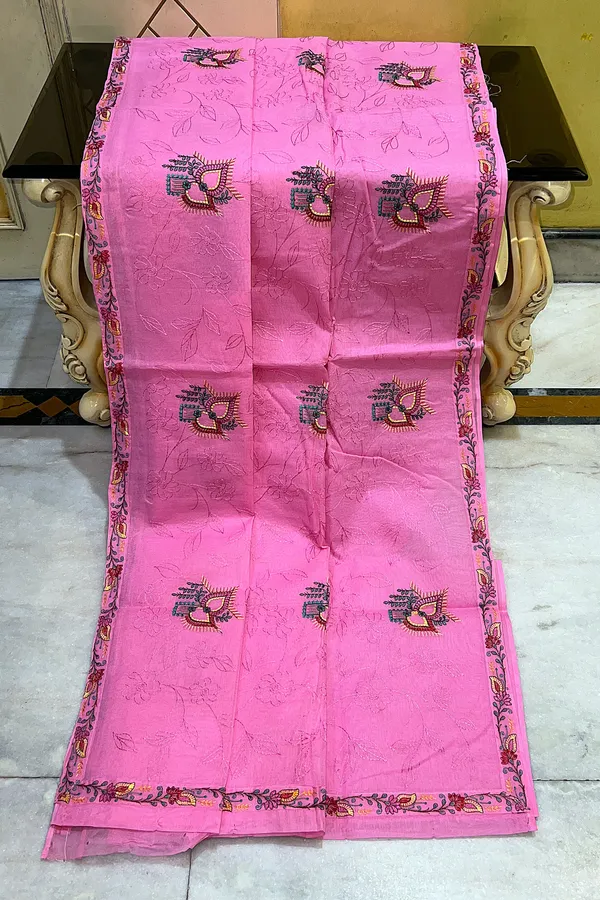 Machine_Embroidery_Kantha_Work_Cotton_Saree_In_Pink_And_Multicolor_Thread_Work