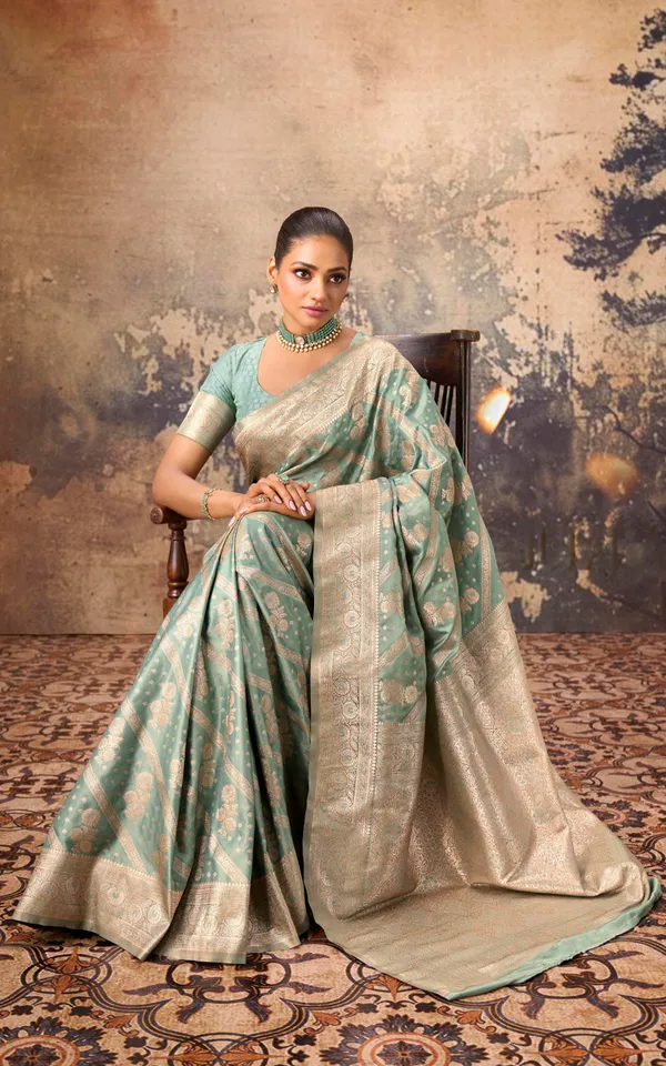 Aara_Nakshi_Work_Designer_Katan_Silk_Banarasi_Saree_In_Summer_Green_And_Antique_Golden_Zari_Nakshi_Work