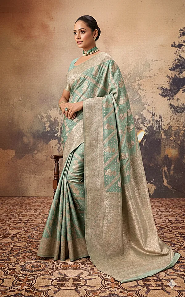 Aara_Nakshi_Work_Designer_Katan_Silk_Banarasi_Saree_In_Summer_Green_And_Antique_Golden_Zari_Nakshi_Work