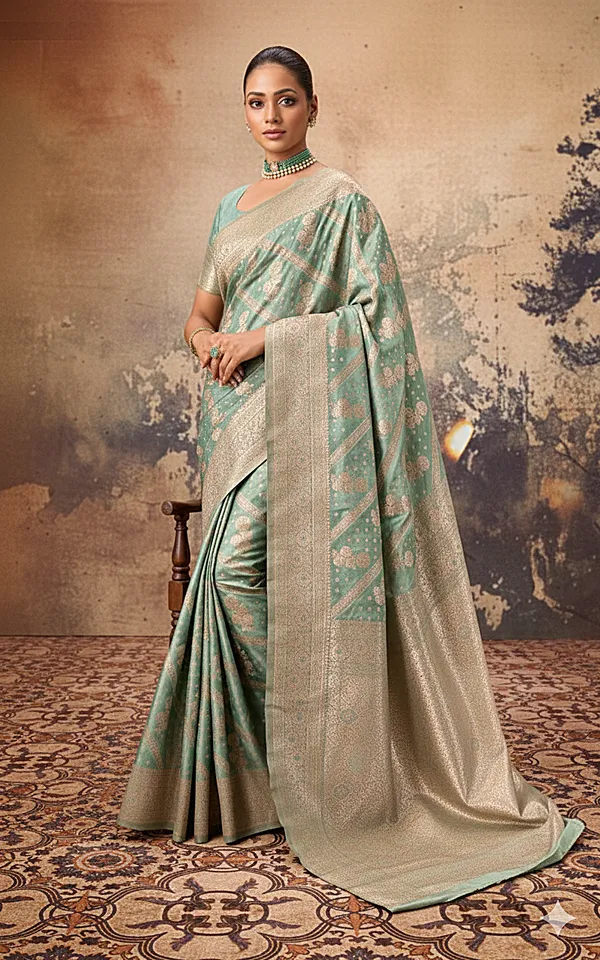 Aara_Nakshi_Work_Designer_Katan_Silk_Banarasi_Saree_In_Summer_Green_And_Antique_Golden_Zari_Nakshi_Work