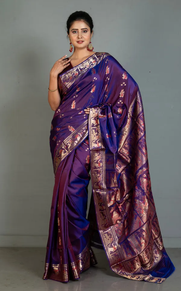 Hand_Woven_Swarnachari_Pure_Silk_Saree_In_Dark_Indigo_Purple_Red_And_Matte_Golden