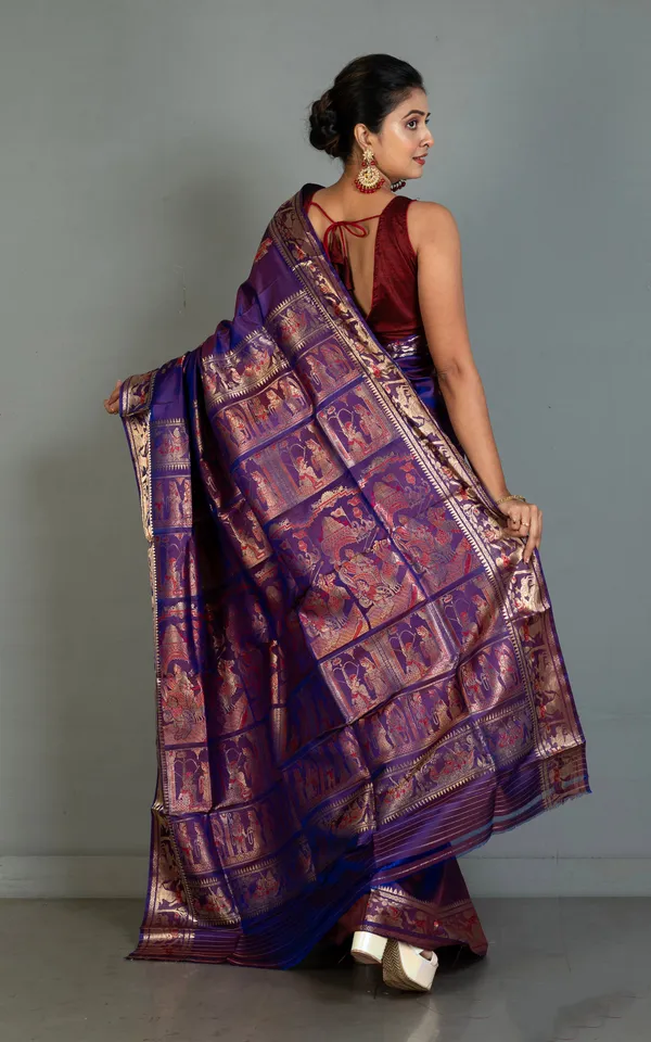 Hand_Woven_Swarnachari_Pure_Silk_Saree_In_Dark_Indigo_Purple_Red_And_Matte_Golden