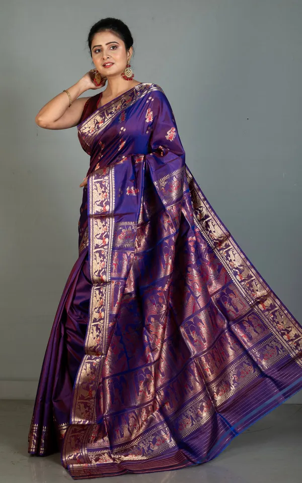 Hand_Woven_Swarnachari_Pure_Silk_Saree_In_Dark_Indigo_Purple_Red_And_Matte_Golden