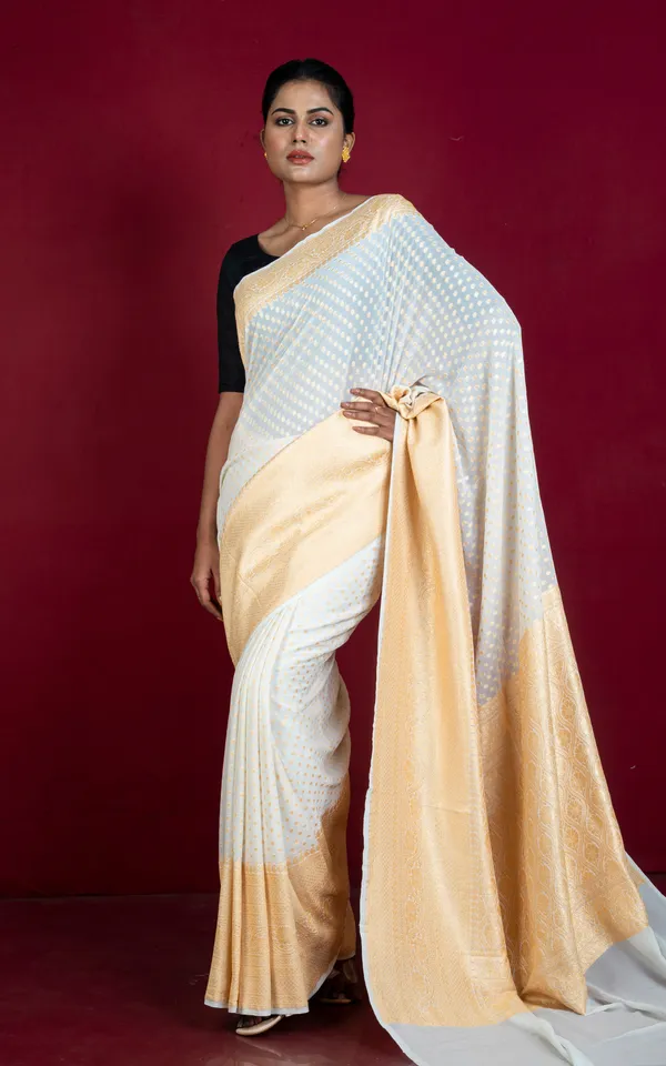 Hand_Woven_Nakshi_Skirt_Border_Khaddi_Georgette_Banarasi_Saree_In_Porcelain_White_And_Sand_Gold