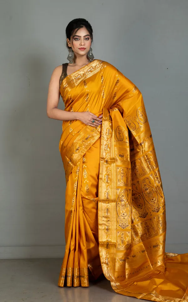 Hand_Woven_Swarnachari_Pure_Silk_Saree_In_Bee_Yellow_Dark_Brown_And_Matte_Golden