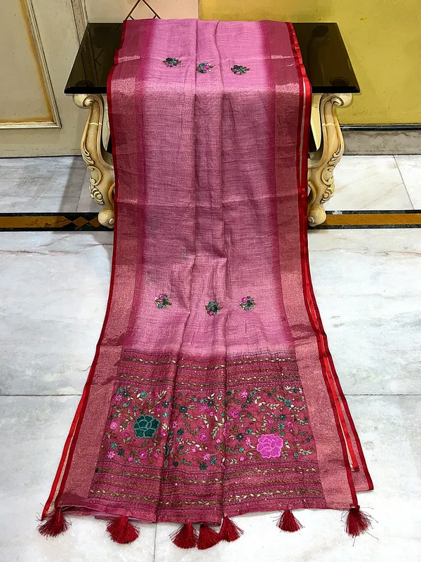 Bullion_Stitch_Knot_Hand_Work_On_Soft_Linen_Saree_In_Hop_Bush_Pink_Light_Burgundy_And_Multicolor_Thread_Work