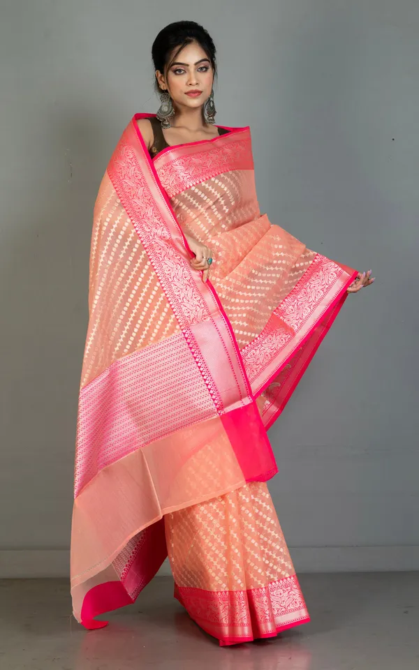 Designer_Kora_Organza_Silk_Banarasi_Saree_In_Light_Coral_And_Deep_Pink