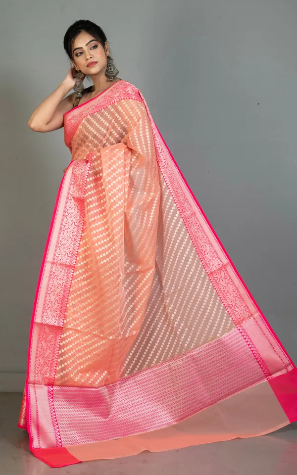 Designer_Kora_Organza_Silk_Banarasi_Saree_In_Light_Coral_And_Deep_Pink