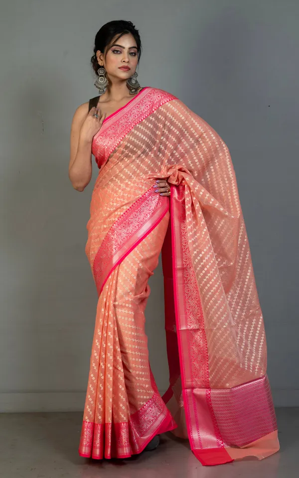 Designer_Kora_Organza_Silk_Banarasi_Saree_In_Light_Coral_And_Deep_Pink