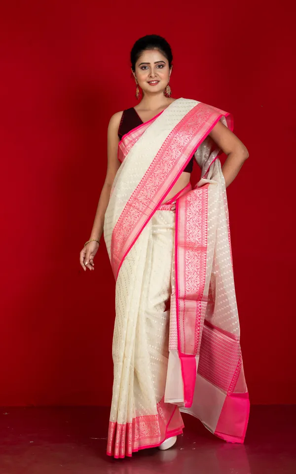 Designer_Kora_Organza_Silk_Banarasi_Saree_In_Antique_White_And_Deep_Pink