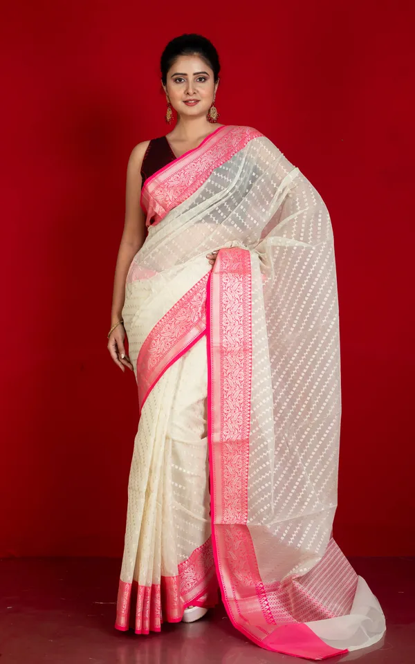 Designer_Kora_Organza_Silk_Banarasi_Saree_In_Antique_White_And_Deep_Pink