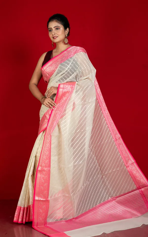 Designer_Kora_Organza_Silk_Banarasi_Saree_In_Antique_White_And_Deep_Pink