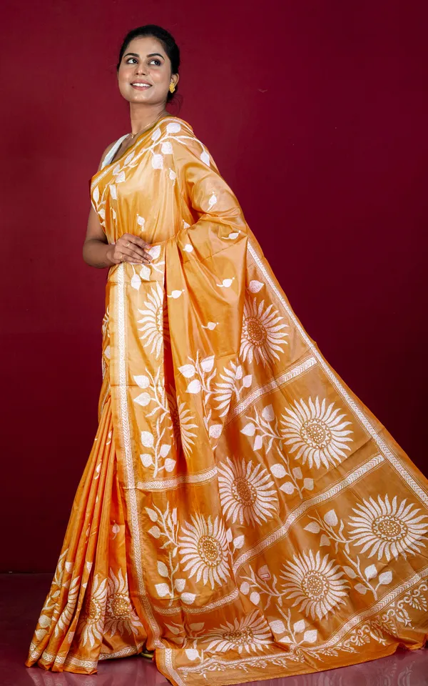 Hand_Embroidery_Blended_Silk_Kantha_Work_Saree_In_Brandy_Punch_And_Off_White_Thread_Work