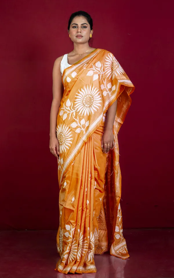 Hand_Embroidery_Blended_Silk_Kantha_Work_Saree_In_Brandy_Punch_And_Off_White_Thread_Work