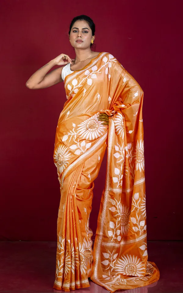 Hand_Embroidery_Blended_Silk_Kantha_Work_Saree_In_Brandy_Punch_And_Off_White_Thread_Work