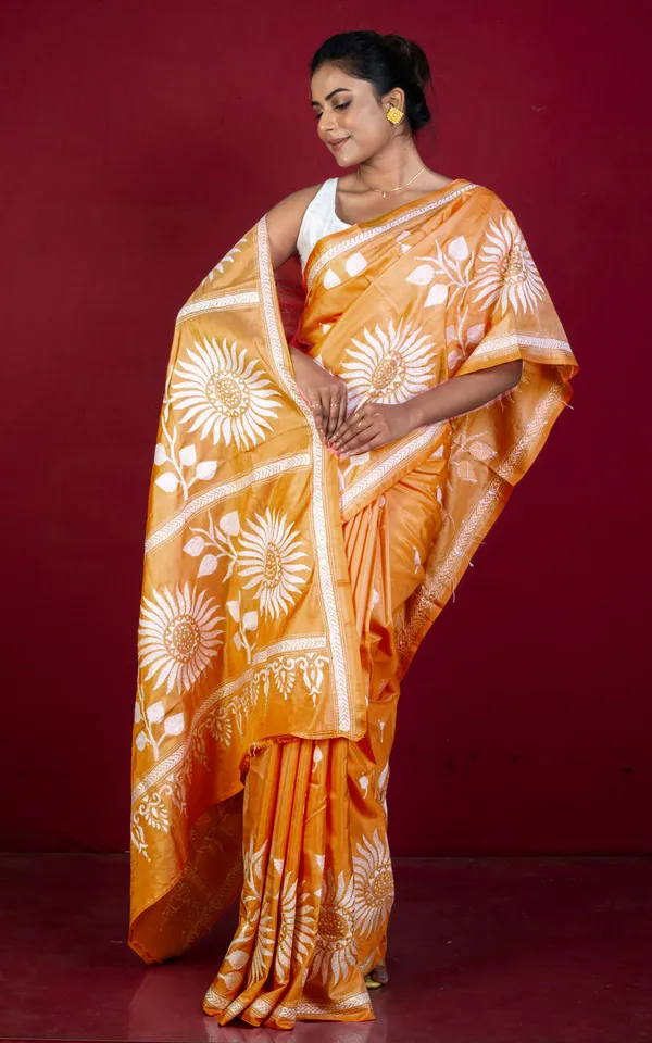 Hand_Embroidery_Blended_Silk_Kantha_Work_Saree_In_Brandy_Punch_And_Off_White_Thread_Work