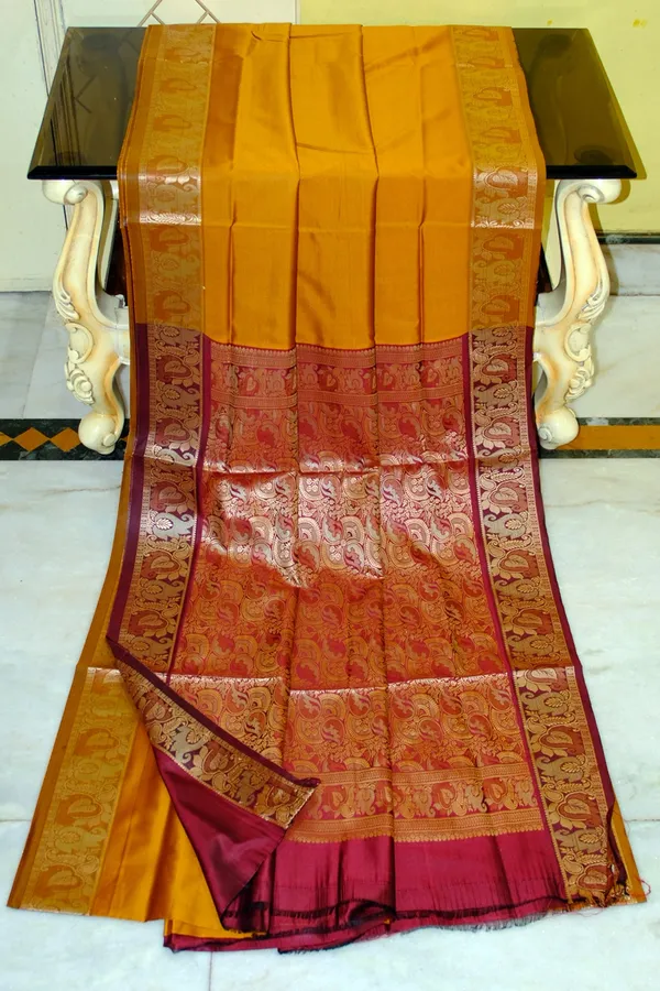 Pashmina_Thread_Work_Gadwal_Silk_Saree_In_Yellow_Ochre_And_Maroon