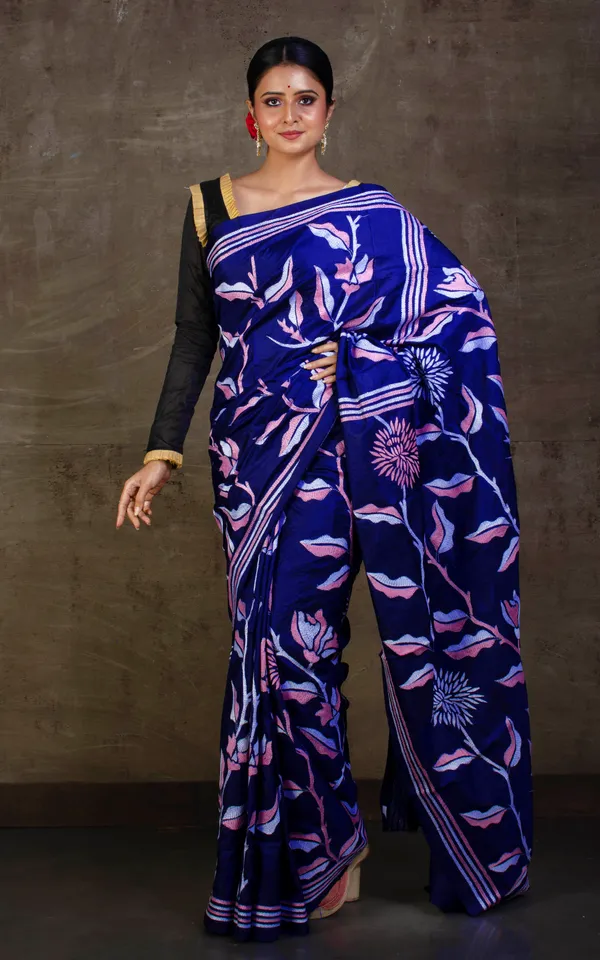 Hand_Embroidery_Blended_Silk_Kantha_Work_Saree_In_Royal_Blue_Pink_And_Off_White_Thread_Work