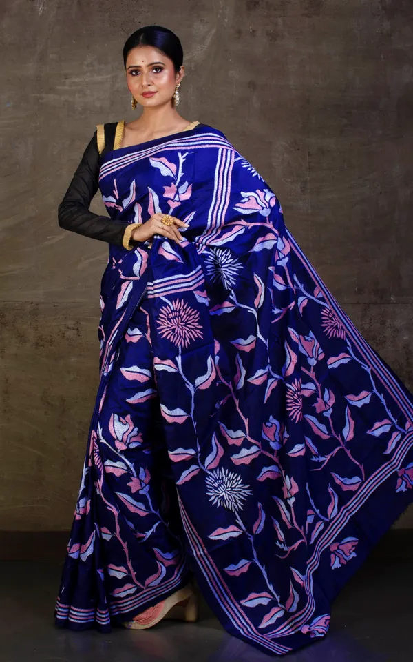 Hand_Embroidery_Blended_Silk_Kantha_Work_Saree_In_Royal_Blue_Pink_And_Off_White_Thread_Work