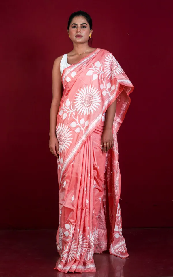 Hand_Embroidery_Blended_Silk_Kantha_Work_Saree_In_Dark_Coral_And_Off_White_Thread_Work