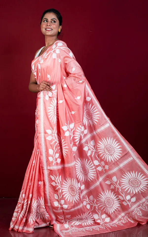 Hand_Embroidery_Blended_Silk_Kantha_Work_Saree_In_Dark_Coral_And_Off_White_Thread_Work