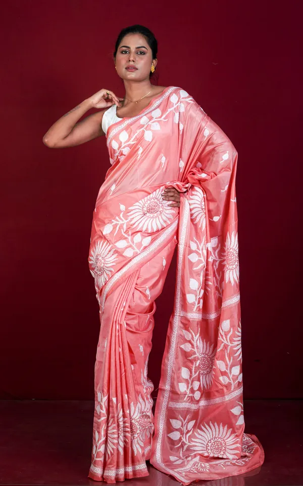 Hand_Embroidery_Blended_Silk_Kantha_Work_Saree_In_Dark_Coral_And_Off_White_Thread_Work