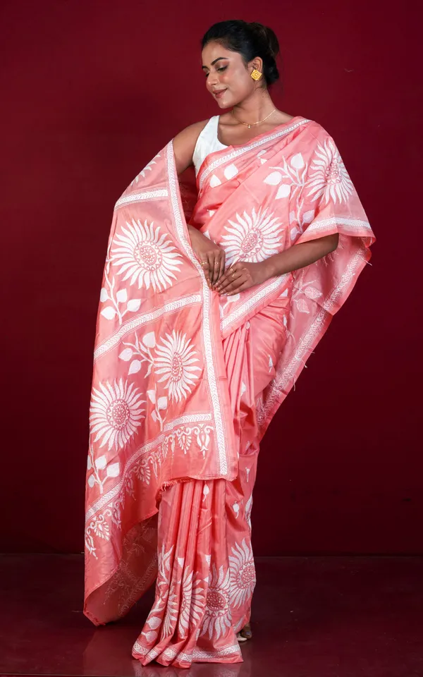 Hand_Embroidery_Blended_Silk_Kantha_Work_Saree_In_Dark_Coral_And_Off_White_Thread_Work