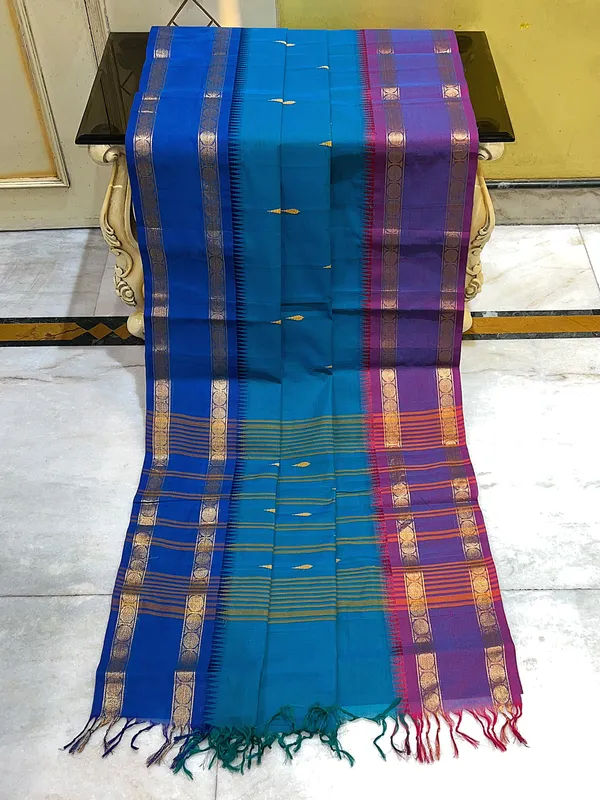 Traditional_Premium_Quality_Hand_Woven_Ganga_Jamuna_Border_South_Cotton_Gadwal_Saree_In_Teal_Royal_Azure_And_Magenta