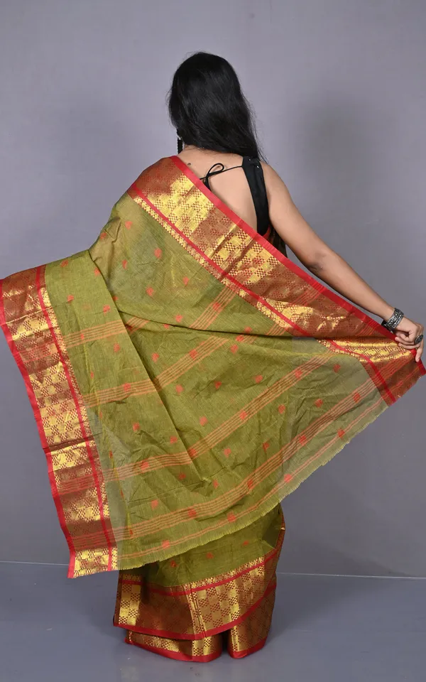 Bengal_Tangail_Hazar_Butti_Jacket_Zari_Nakshi_Golden_Border_Cotton_Saree_In_Muddy_Green_And_Red_Brown