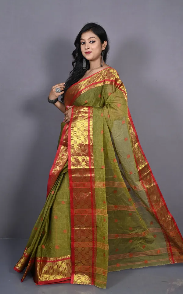 Bengal_Tangail_Hazar_Butti_Jacket_Zari_Nakshi_Golden_Border_Cotton_Saree_In_Muddy_Green_And_Red_Brown