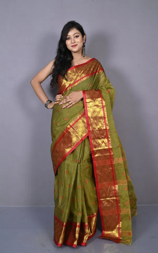 Bengal_Tangail_Hazar_Butti_Jacket_Zari_Nakshi_Golden_Border_Cotton_Saree_In_Muddy_Green_And_Red_Brown
