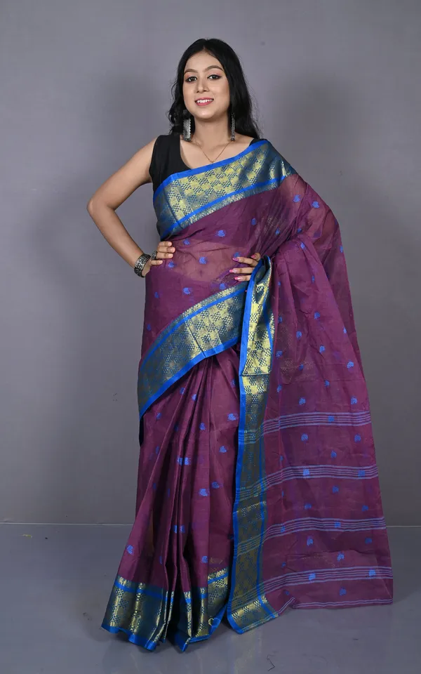 Bengal_Tangail_Hazar_Butti_Jacket_Zari_Nakshi_Golden_Border_Cotton_Saree_In_Wine_Berry_And_Royal_Blue