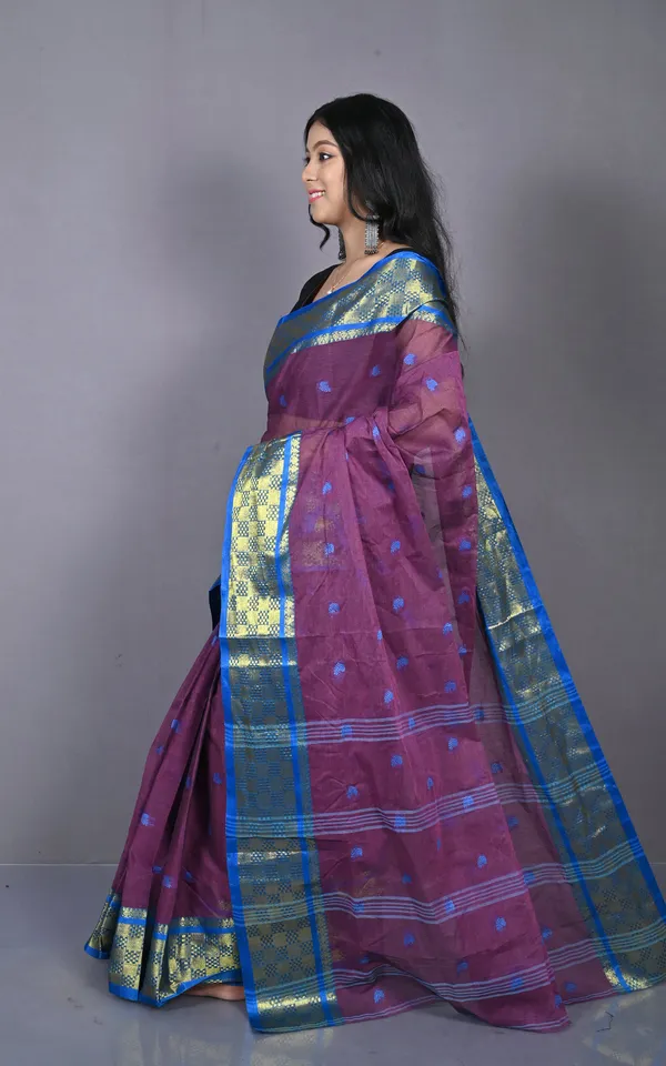 Bengal_Tangail_Hazar_Butti_Jacket_Zari_Nakshi_Golden_Border_Cotton_Saree_In_Wine_Berry_And_Royal_Blue