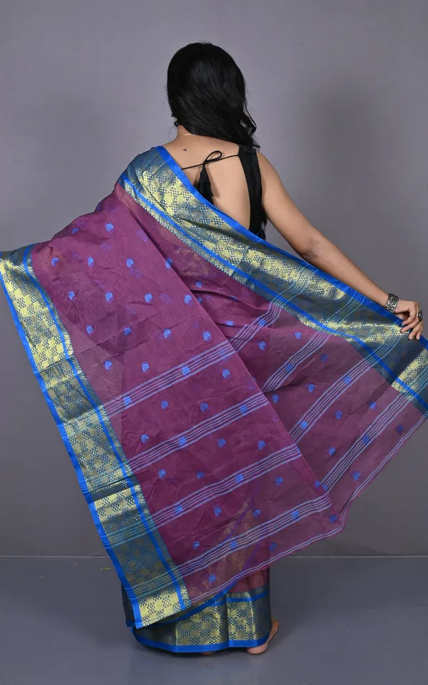 Bengal_Tangail_Hazar_Butti_Jacket_Zari_Nakshi_Golden_Border_Cotton_Saree_In_Wine_Berry_And_Royal_Blue