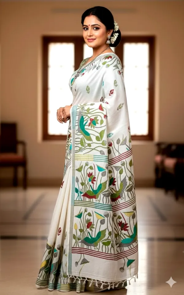 Hand_Embroidery_Blended_Silk_Kantha_Work_Saree_In_White_Maroon_And_Multicolor_Thread_Work