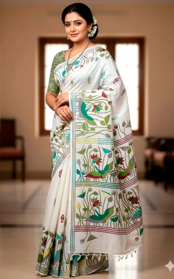 Hand_Embroidery_Blended_Silk_Kantha_Work_Saree_In_White_Maroon_And_Multicolor_Thread_Work