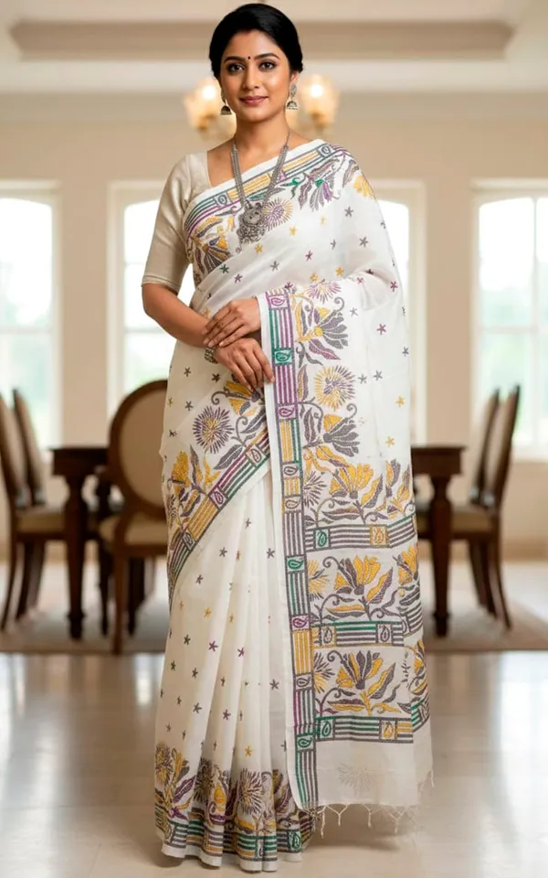 Hand_Embroidery_Blended_Silk_Kantha_Work_Saree_In_White_Purple_Grey_Sea_Green_And_Yellow_Thread_Work
