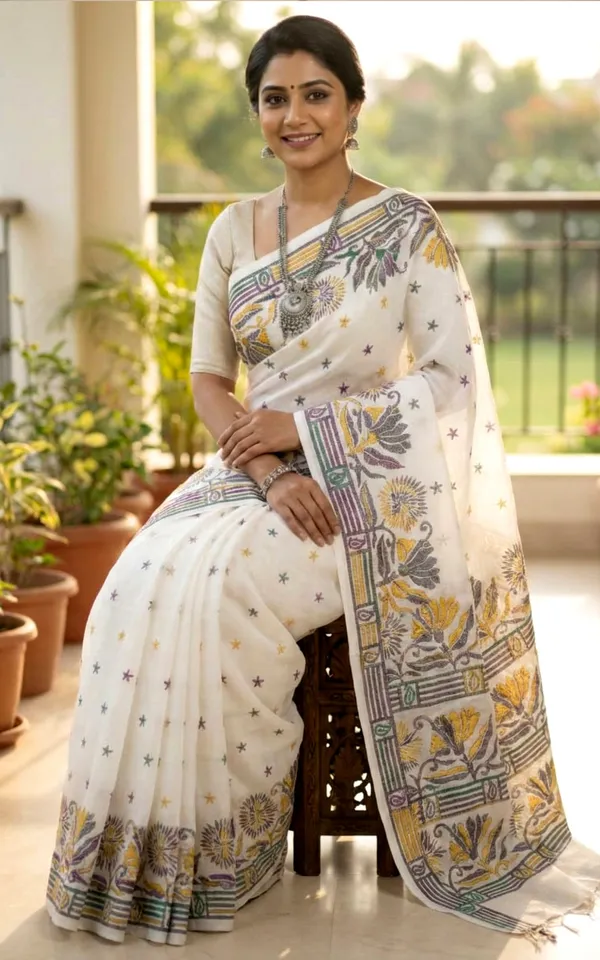 Hand_Embroidery_Blended_Silk_Kantha_Work_Saree_In_White_Purple_Grey_Sea_Green_And_Yellow_Thread_Work